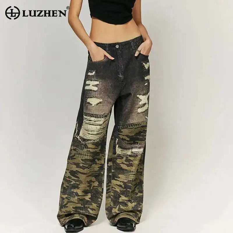 

LUZHEN Original Personalized Patched Streetwear Designer New Jeans Male Camouflage Color Contrast Straight Denim Pants LZ9225