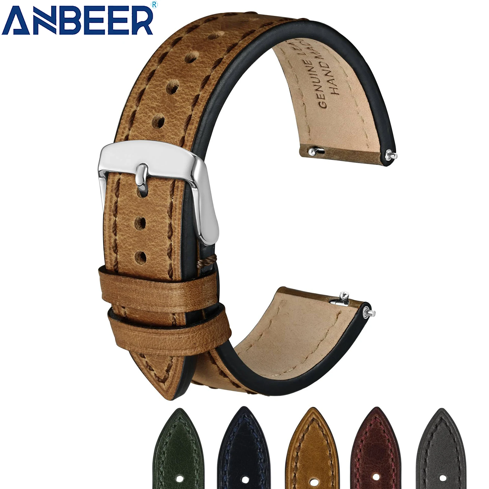 

ANBEER Oiled Waxed Leather Watch Strap Watch Band for Men Quick Release 18 mm 20mm 22mm Classic Elegent Strap