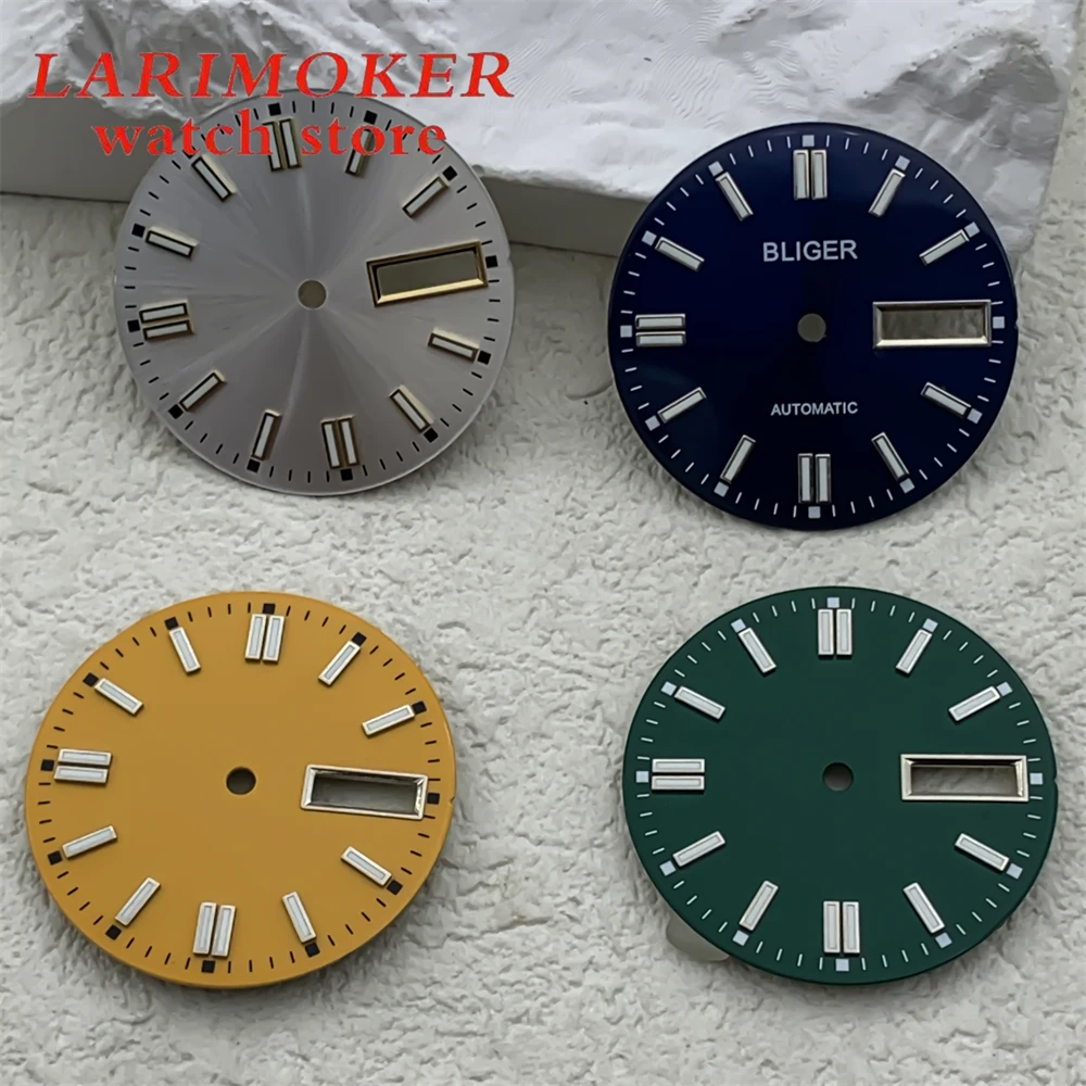 BLIGER 무균 다이얼, NH36 무브먼트용 녹색 야광 다이얼, 3.8pm 시계 크라운 장착, 29mm