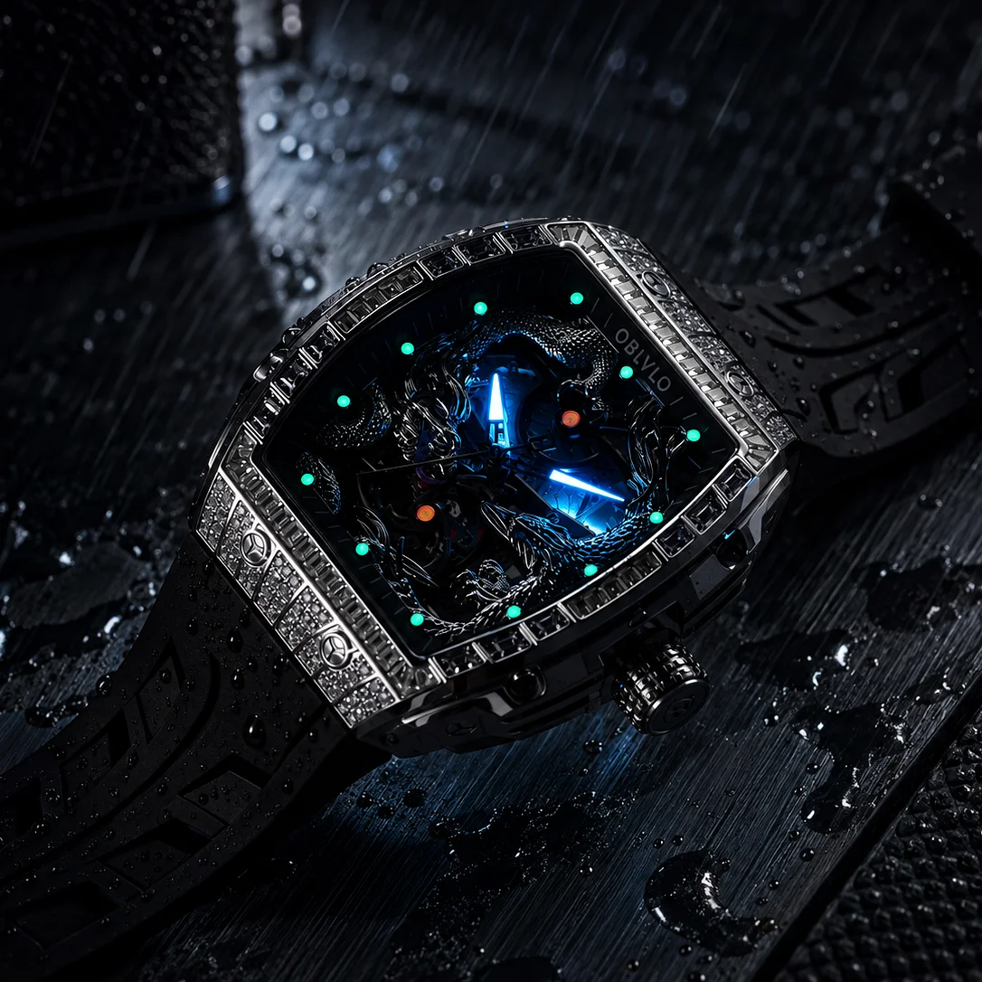 OBLVLO Men's Elegant Sport Watch Multi-color Zircon Bezel Wine Barrel Dial 3D Dragon Design Rubber Band Miyota Movement ZM-PH