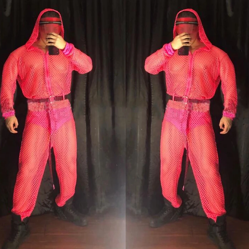 Muscle Man Pole Dance Clothing Fluorescent Color Hollow Mesh Jumpsuit Bar Nightclub Ds Party Stage Gogo Costume Rave Wear XS1145