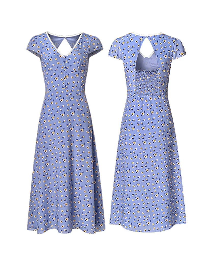

Countryside style floral daisy dress summer new style French V-neck small fly sleeves slimming waist cinching long skirt dresses