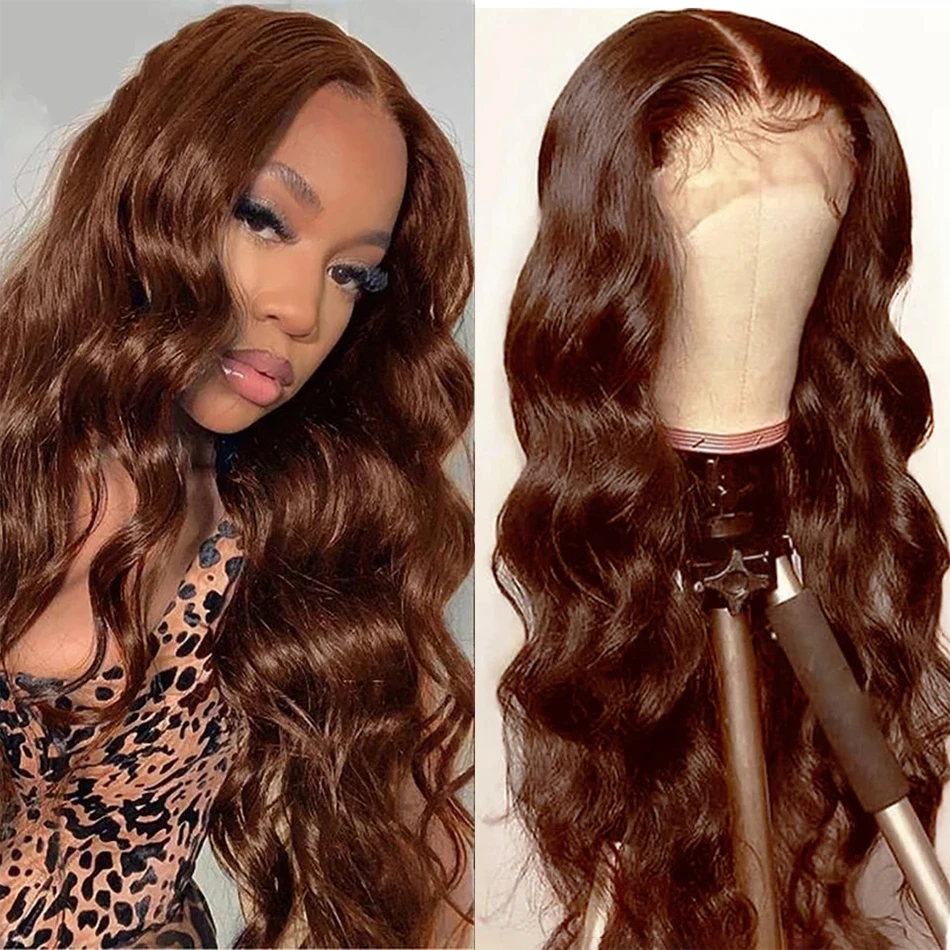 34inch 13x4 Chocolate Brown Lace Front Human Hair Wigs Body Wave HD Transparent Lace Frontal Wig PrePlucked Human Hair Wigs