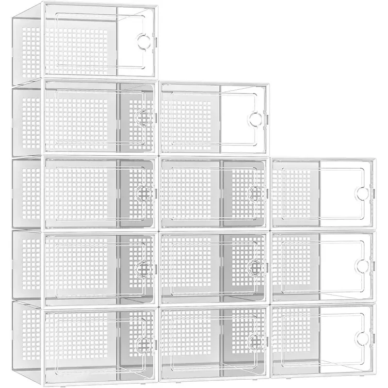 3/6/12pcs Shoe Storage Boxes Clear Stackable Shoe Boxes Storage Organizers Magnetic Door Fit Size Plastic Sneaker Containers