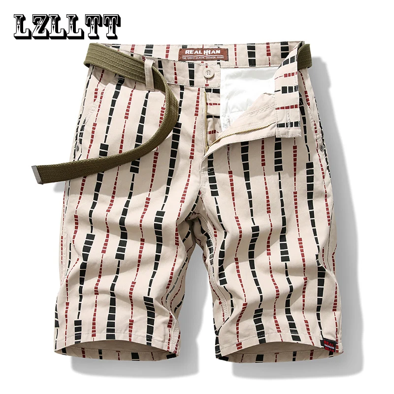 Summer Men Cotton Cargo Shorts Mens Casual Breeche Bermuda Beach Jogger Shorts Men Breathable Striped Shorts Male Dropshipping