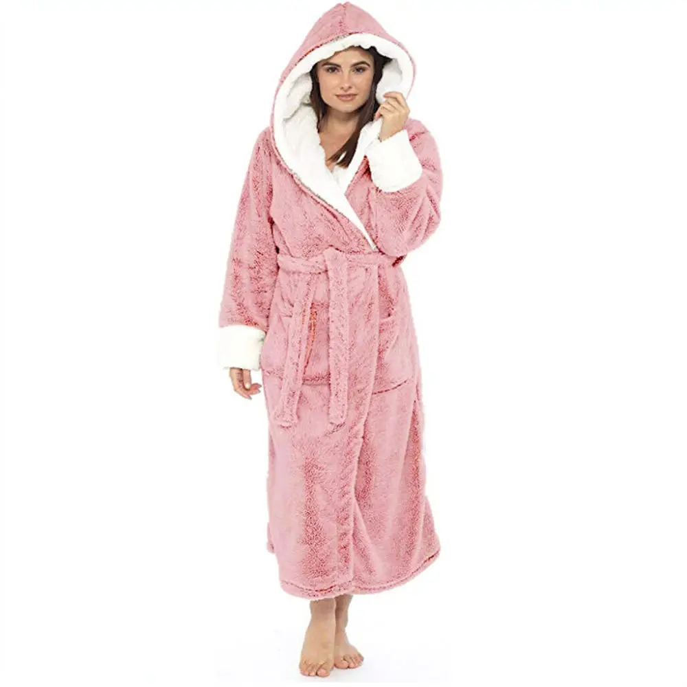Womens Long Bathrobe Soft Plush Dressing Gown Winter Warm Sleepwear Cozy Housecoat With Waist Belt Loungewear Nightgown
