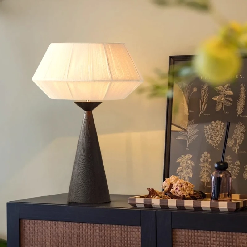 

French Retro Wooden Base LED Table Lamps Hand Knitting White Cotton Thread Lampshade Living Room Bedroom Office Study Desk Light