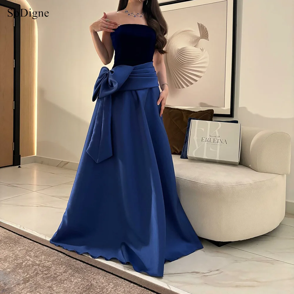 

SoDigne Elegant Blue Satin Evening Dresses Strapless Bow Party Dress A-Line Formal Occasion Prom Gowns Customized