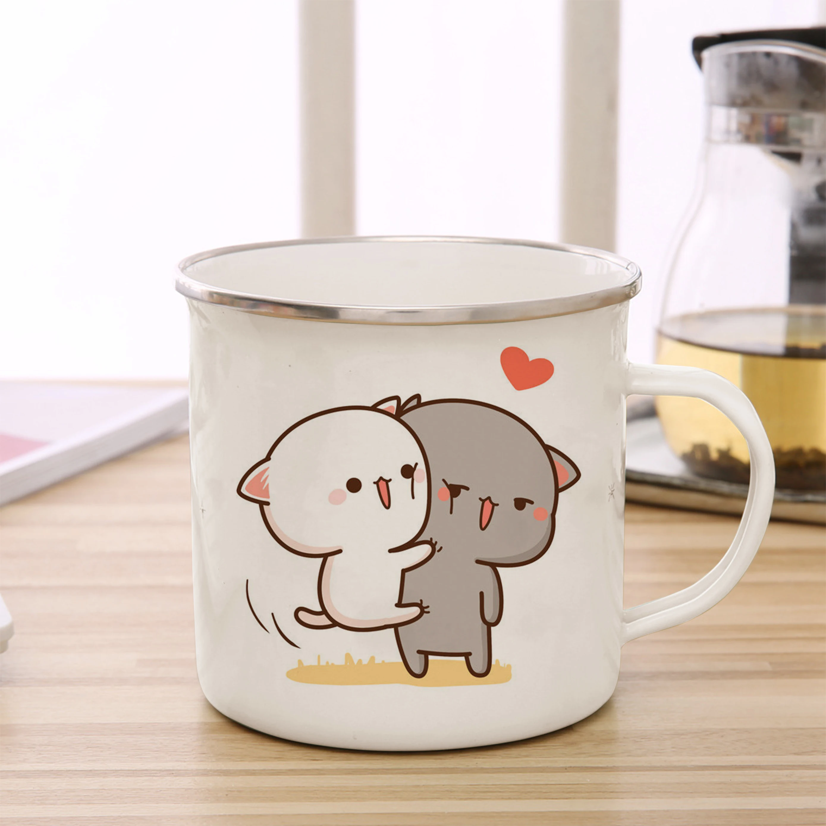 Peach and Goma cat enamel coffee tea cup cute animal breakfast dessert milk water cup couple gift