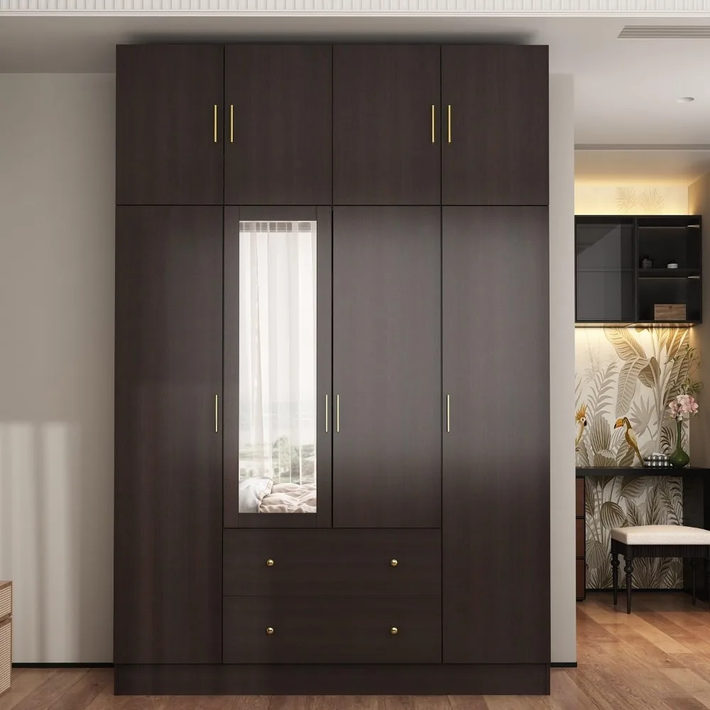 4-Door Wardrobe Closet with Mirror, Closet with Drawers and Shelves, Armoire Wardrobe Closet with Hanging Rod, Top Storage