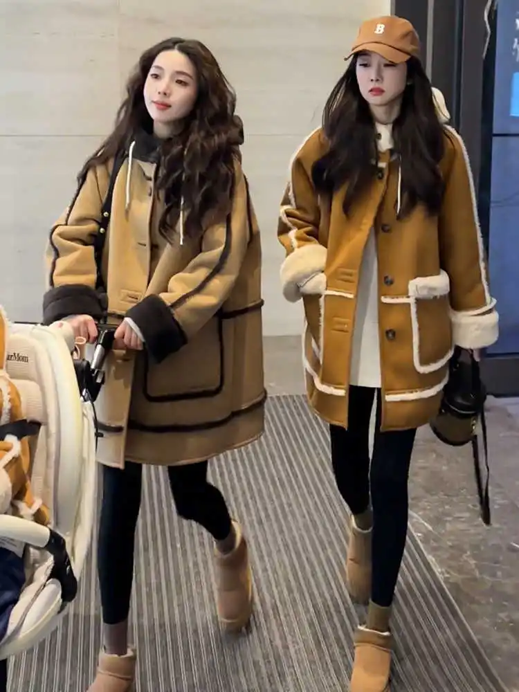 

Thickened Fleece Suede Jacket Women's Mid-Length 2026 Autumn Winter New Lamb Fur Integrated Coat Original Design Loose Fit Lo...
