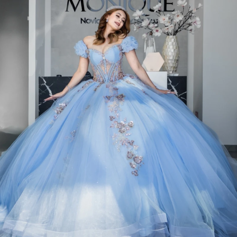 

Небесно-голубое блестящее платье Quinceanera с открытыми плечами и блестками, аппликация, кружево, бисер, хрустальный бант, тюлевой корсет, вечерние, день рождения, сладкий 16