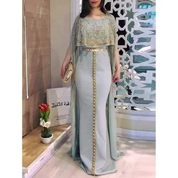 Gray Moroccan Kaftan Gold Lace Appliques Cape Style Mermaid Gowns Saudi Arabia Robe De Soiree Prom Evening Party Dresses