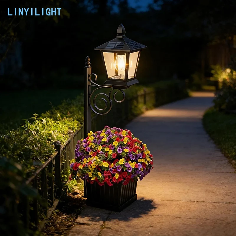 Lámpara Solar 2 en 1 (de Pared/Soporte) con Jardinera para Exterior, Lámpara Solar con Maceta, Poste de Luz Solar para Decoración de Jardín