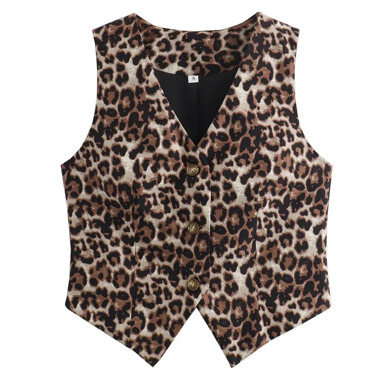 TRAF Leopard Women Vest Vintage Sleeveless Vest Woman Outerwears Animal Print Cropped Suit Vest V Neck Waistcoat Short Coats