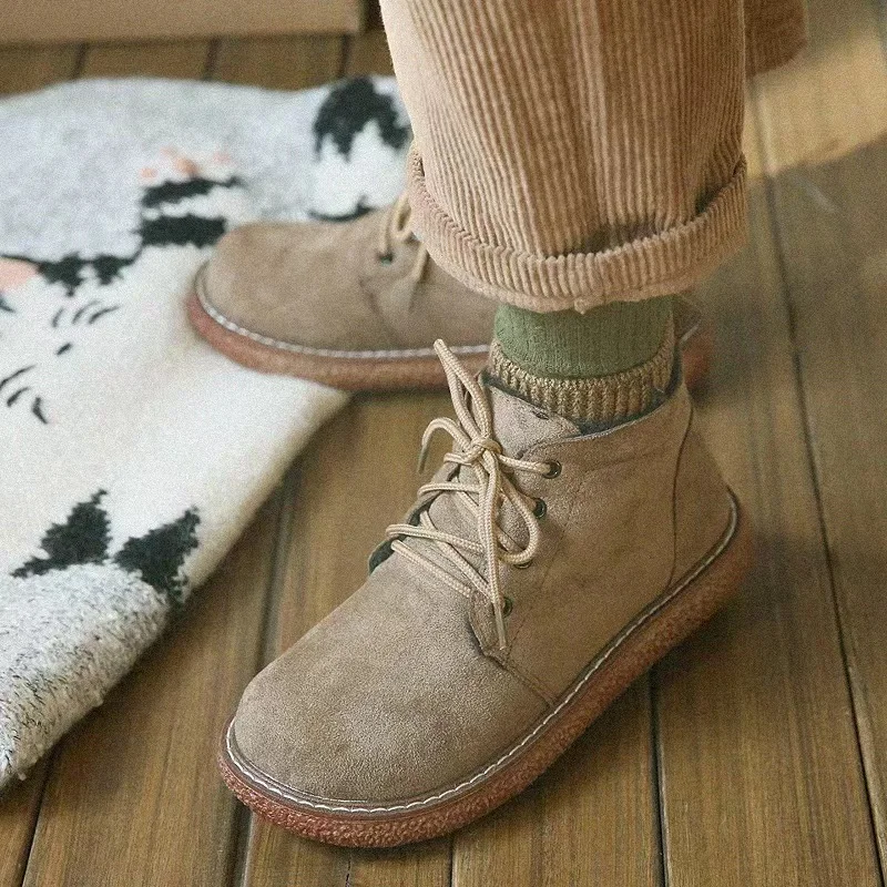 Careaymade-Art RETRO old wool mouth round head lace up thick soled big toe shoes comfortable and versatile female short boots