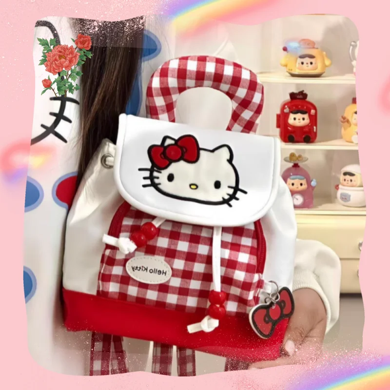 

In Stock 2025 Hello Kitty Backpack Kawaii Bags Women'S Fashionable Portable Outdoor Travel Plush Red Grid Storage Backpack Gift
