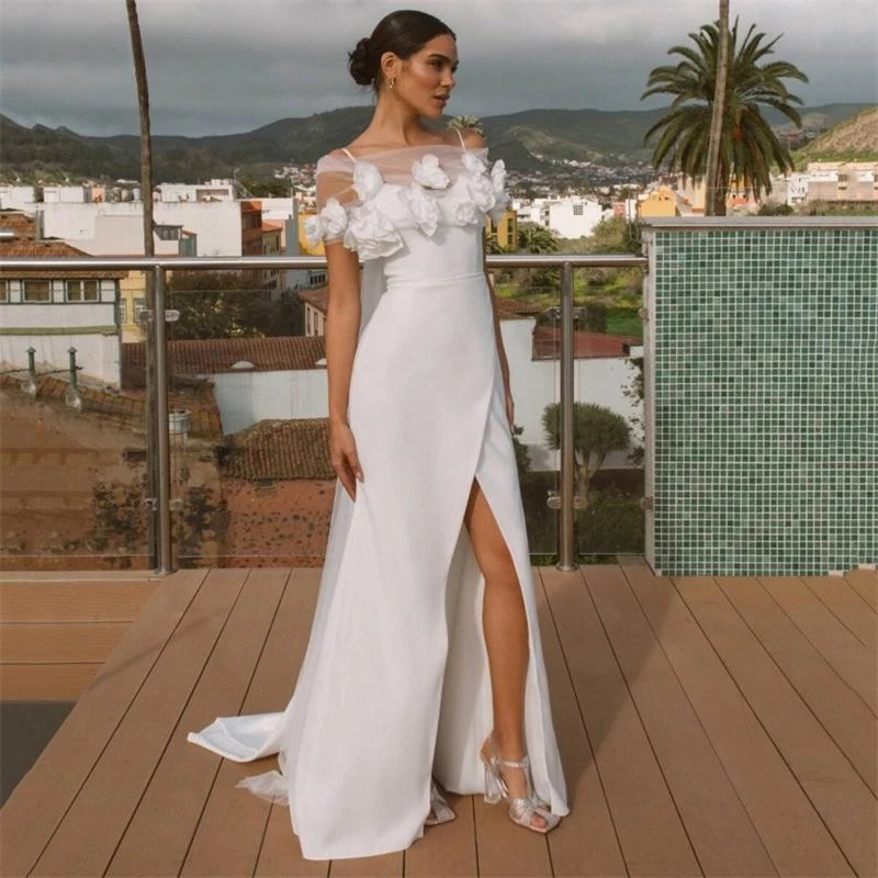 Abito da sposa da donna aperto sul retro con scollo a V diviso in raso fiore con cinturino per spaghetti abito da sposa Vestido De Noiva personalizza su misure