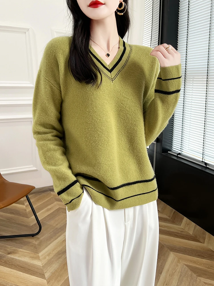 ANGEL 100% Merino Wool Women's Pullovers V-neck Sweater  Cashmere Knitwear Autumn Winter Long Sleeve Fashion Color Blocking Tops