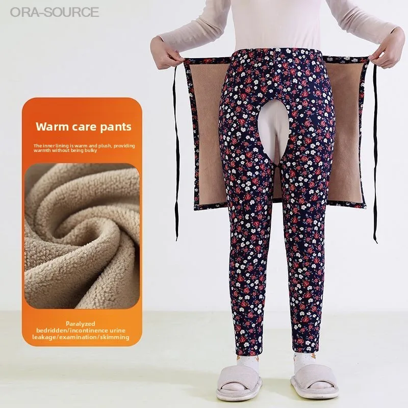 Premium Adult Fleece Lined Thermal Open Crotch Pants Incontinence Elderly Soft Elastic High Stretch Comfortable Extra Warm Plus