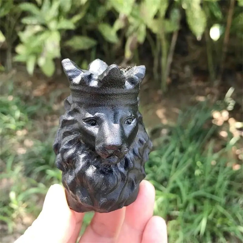 Natural Black Obsidian Lion Head Carving Crafts, Polished Animal Figurine, Home Ornament, DIY Gift, 1Pc