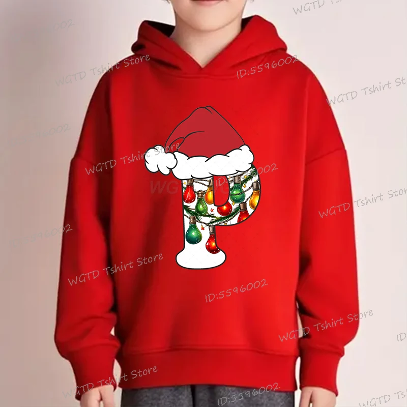Children's Clothing Merry Christmas Letters A B C D Graphic Sweatshirts Festive Lights Cartoon Hooded Shirt Girl Boy Clothes