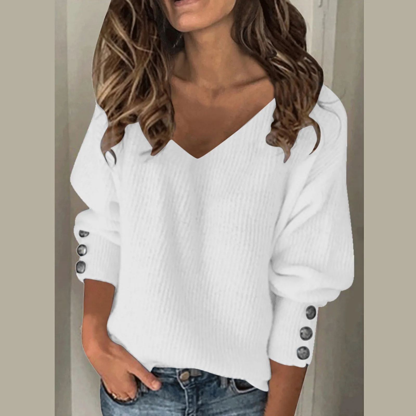 2024 Women Solid Sweater V-Neck Solid Color Button Decro Long Sleeve Knitted Ladies Sweaters Warm Comfort Casual Sweatshirt