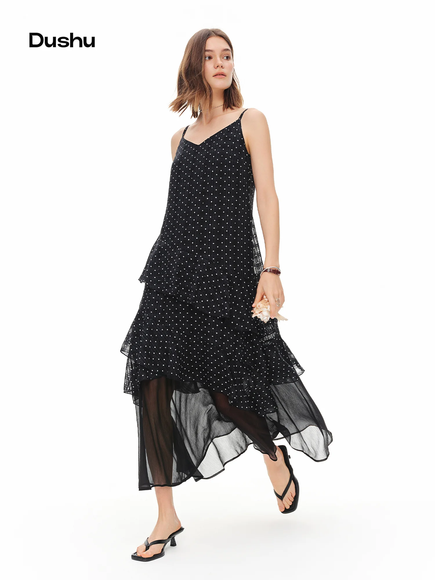 DUSHU Damen Französisches Polka-Dot-Midikleid aus Mesh, Sommer 2026, V-Ausschnitt, hohe Taille, A-Linie, lässiges schwarzes Slip-Kleid, modisch