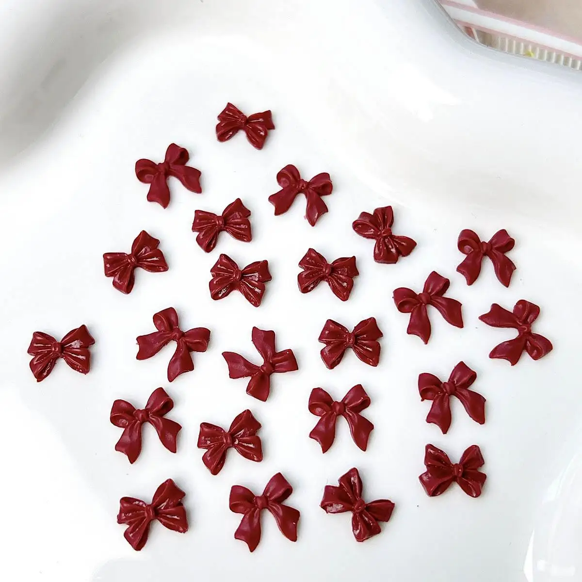 50PCS Resin Sweet Wine Red Bow Nail Charms Y2K Ribbon Bow Nail Art Decorations Photo Frame Cream Glue Manicure DIY Accessories