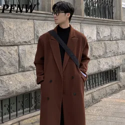 PFNW Korean Style Loose Fit Big Size Brown Knee-length Woolen Coat For Men Autumn Winter New Double Breasted Twees Coats 12C1238