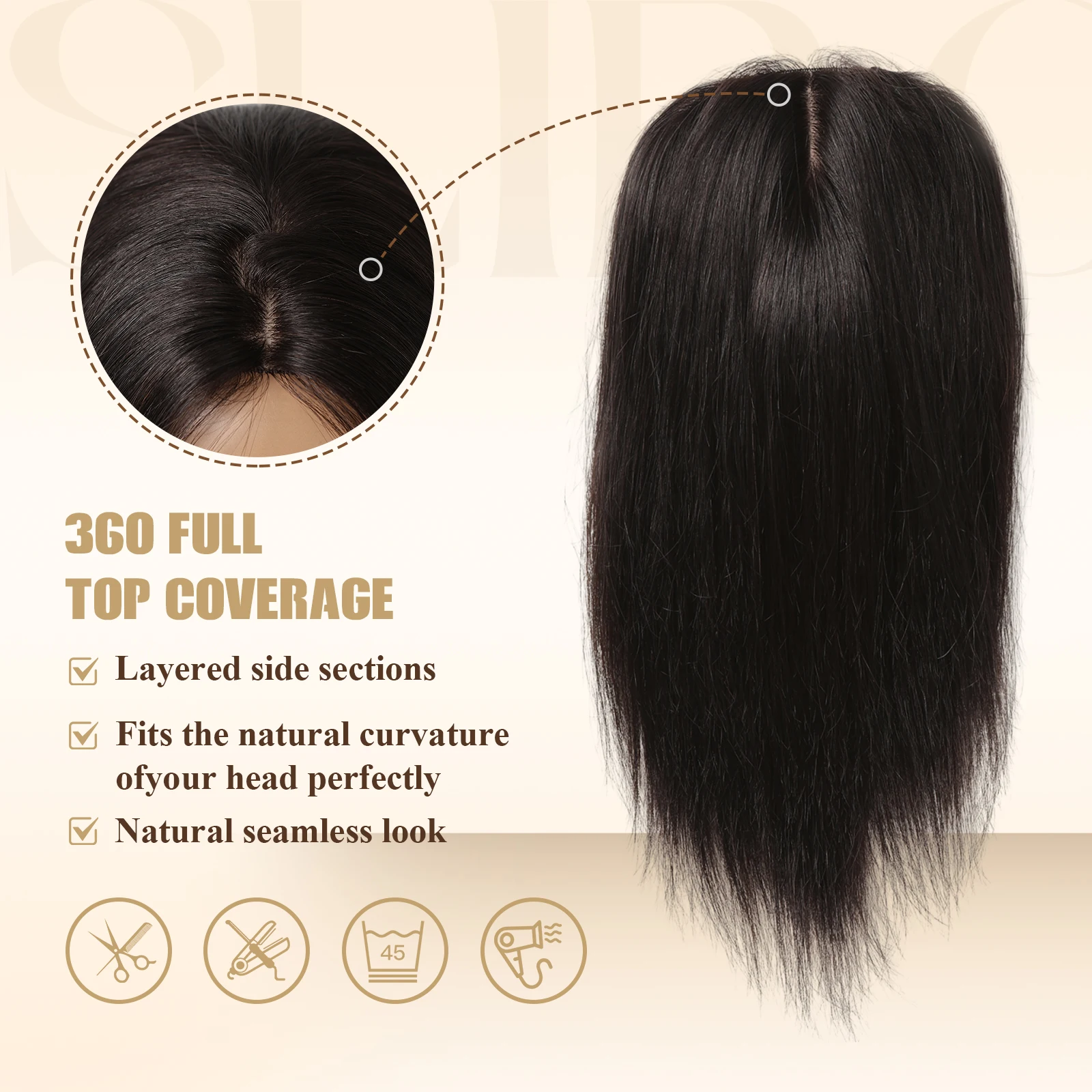 1B Natural Black Color Human Hair Topper 12 Inch Middle Part 100% Remy Hair Topper for Women Silk Base Clips in Hair Extension