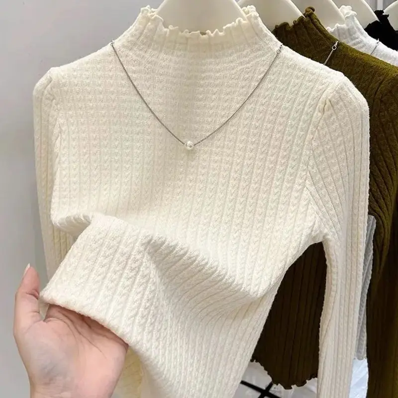 

2025 Autumn Winter Turtleneck Ruffles Sweater Women Long Sleeve Knitted Simple Base Layer Pullovers Women Solid Casual Sweater