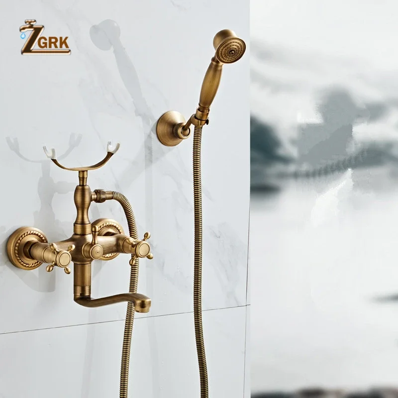 ZGRK Antique Brushed Brass Bath Faucets Wall Mounted Bathroom Basin Mixer Tap Crane With Hand Shower Bath Shower Faucet