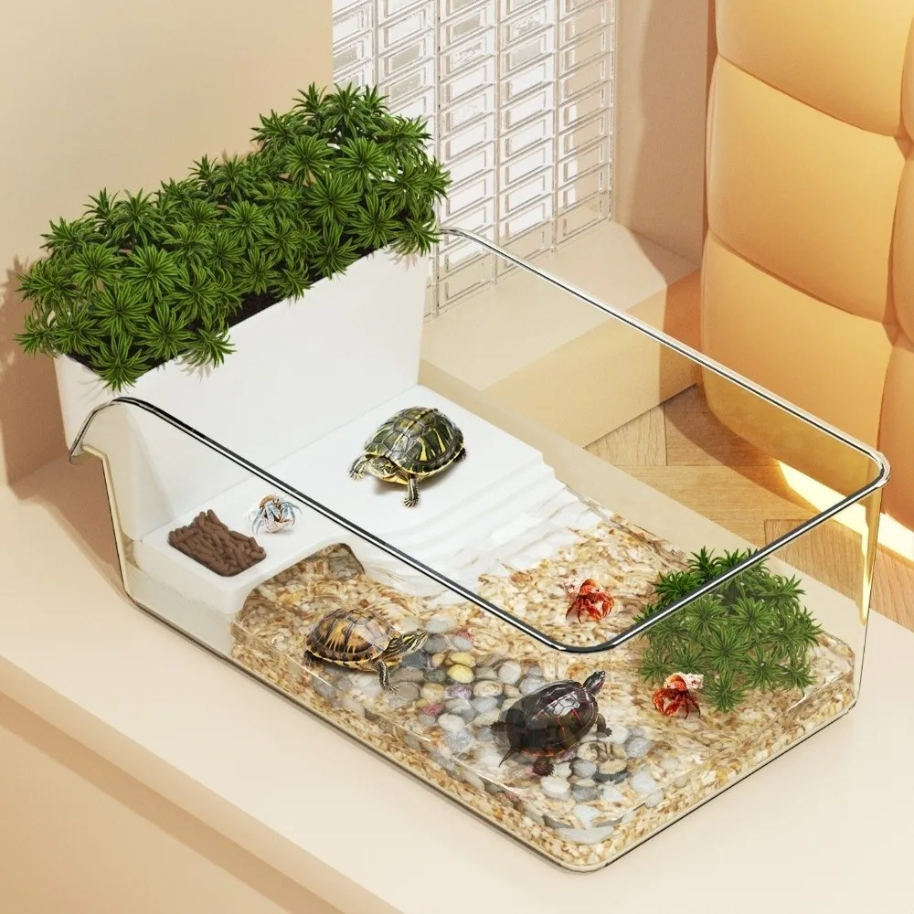 

Transparent Turtle Tank Dry Wet Separation Plastic Turtle Basking Platform with Climbing Spot Basking Area Reptile Terrarium
