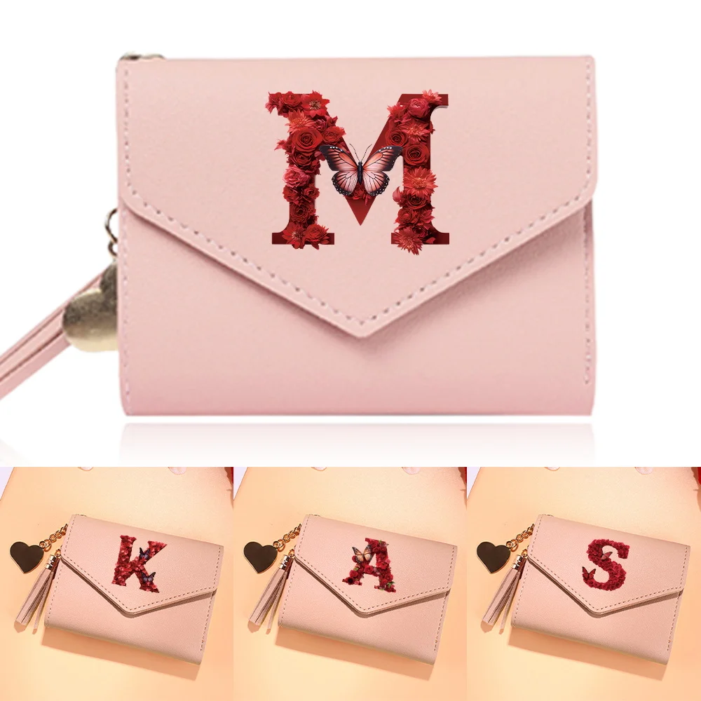 

Women's Wallet Clutch Fashion Leather Short Style Purse Multi CaroSlot Coin Purse RFID Blocking Case Red Rose Pattern