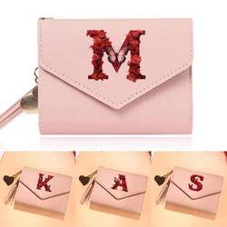 Women's Wallet Clutch Fashion Leather Short Style Purse Multi CaroSlot Coin Purse RFID Blocking Case Red Rose Pattern