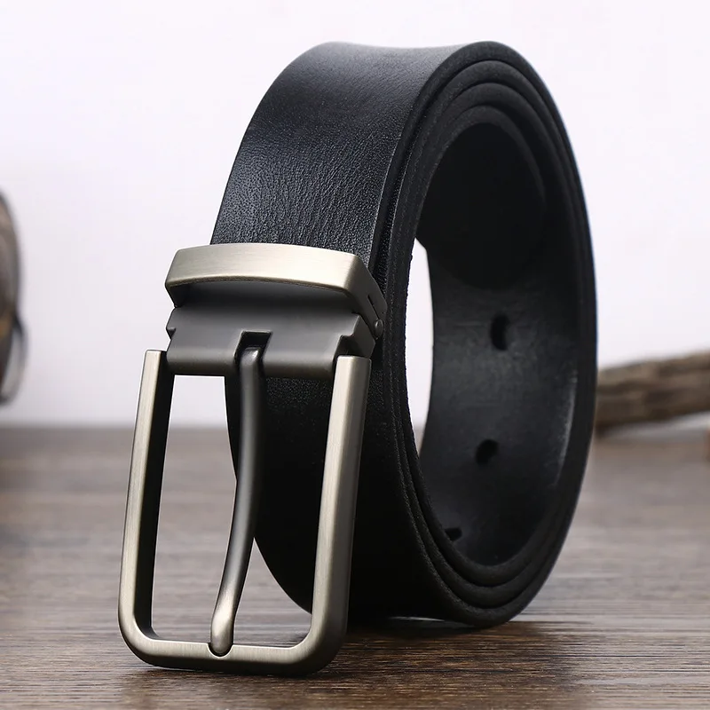 حزام رجالي من الجلد الأصلي كاجوال متعدد الاستخدامات مصنوع من خليط معدني بإبزيم على شكل دبوس وطبقة رأس وحزام جينز من جلد البقر