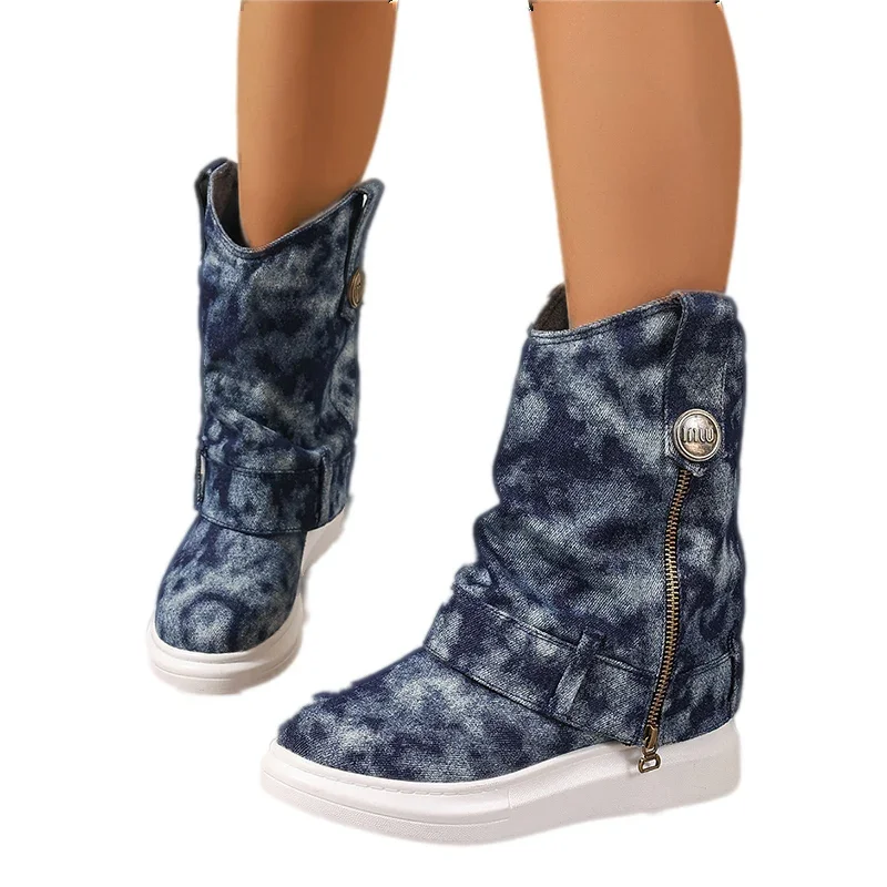 Kowbojskie platformy mieszkania damskie botki obuwie zimowe nowe markowe trampki Botas 2024 Trend Retro Zipper Mujer Zapatos