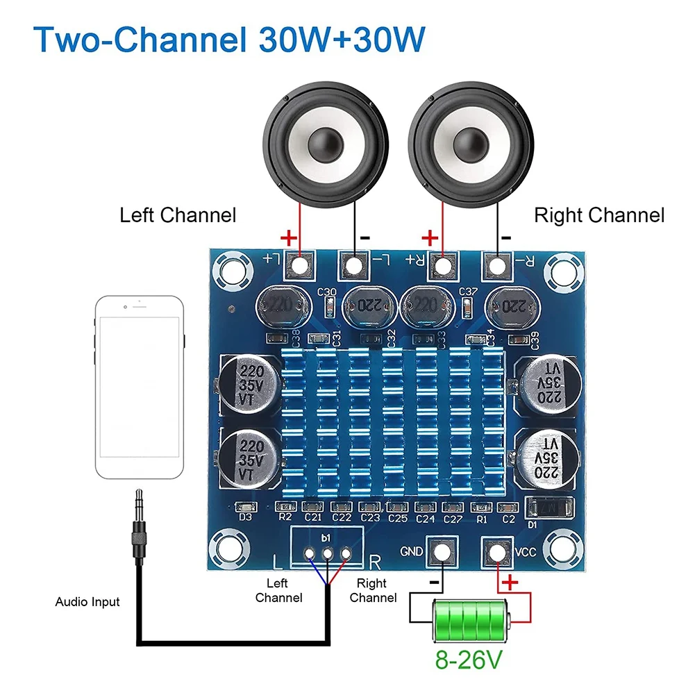 

Y14A 5Pcs TPA3110 XH-A232 30W+30W 2.0 Channel Digital Stereo Audio Power Amplifier Board DC 8-26V 3A