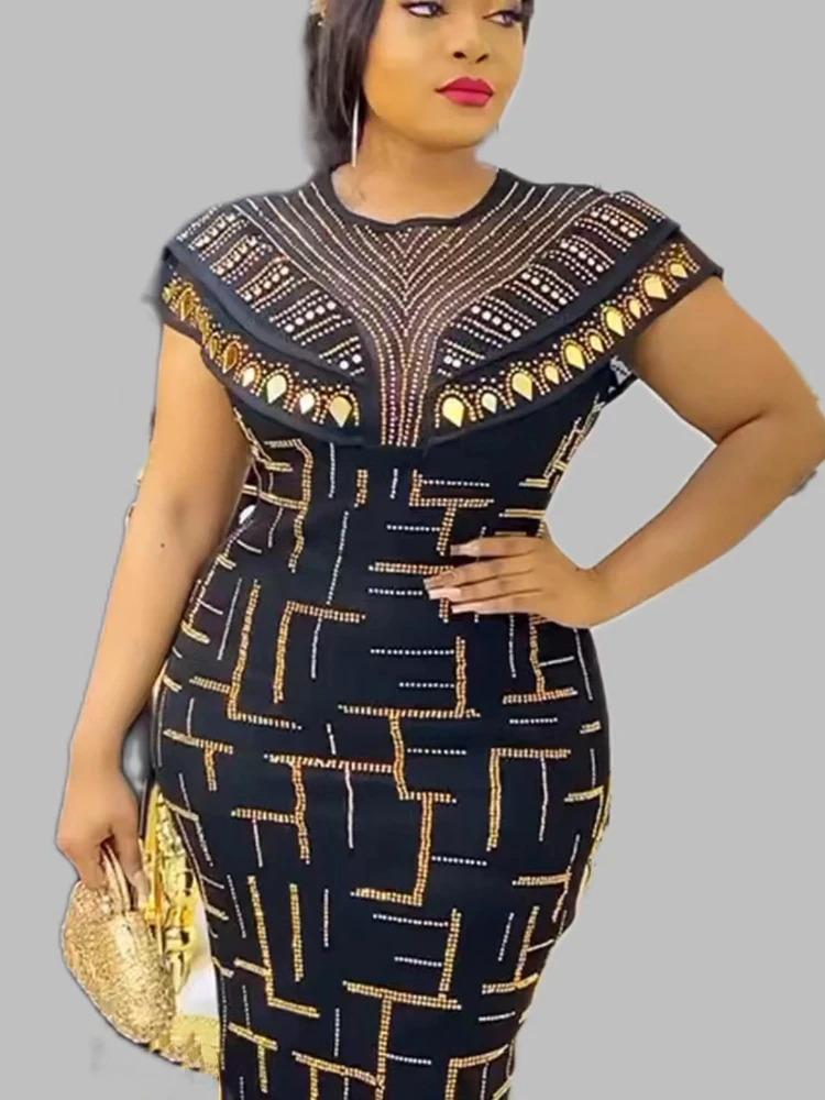 Women Bodycon Party Dress O Neck Shiny African Elegant Luxury Rihnestone Patchwork Shiny Large Size Ladies Gowns Summer 2023 New