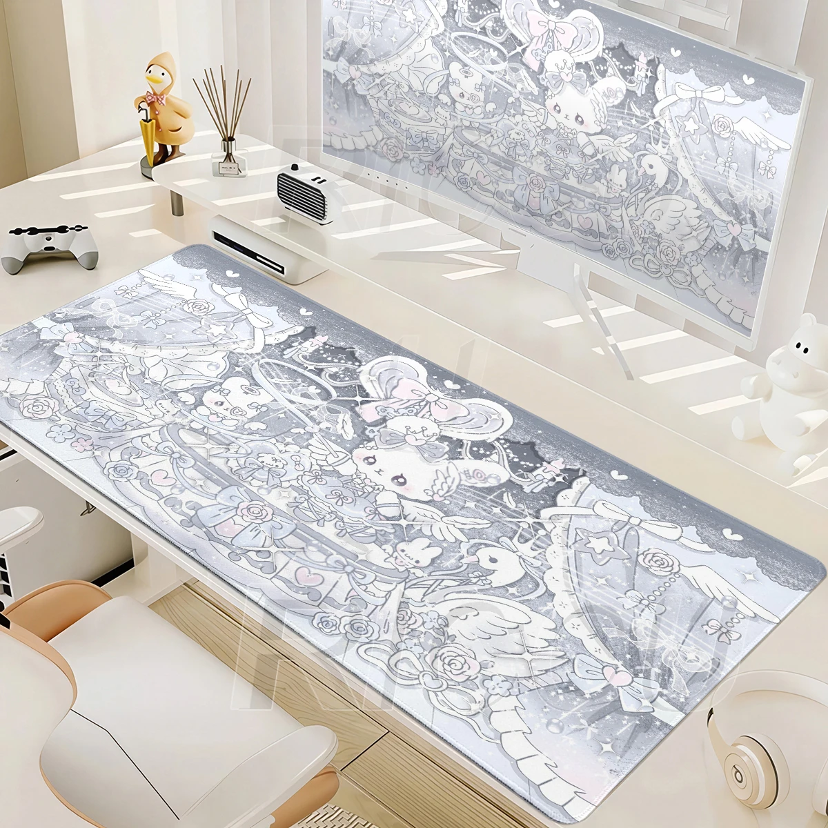 Anime Desk Pad Cute Dance Pink Bunny Mouse Pad Kawaii Rabbit Office Decort Desk Mat Rubber Non-Slip Tablepad Game PC Accessories