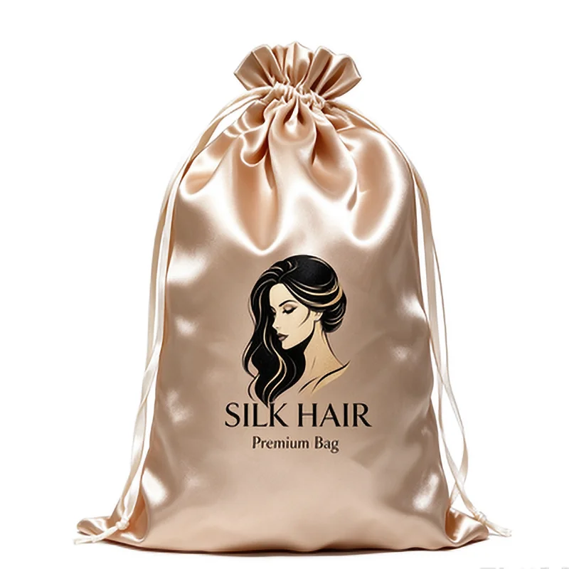Personalized Logo Satin Drawstring Pouch, Polyester Storage Bag for Wigs & Hair Extensions Bundles, 25x35cm, Assorted Colors
