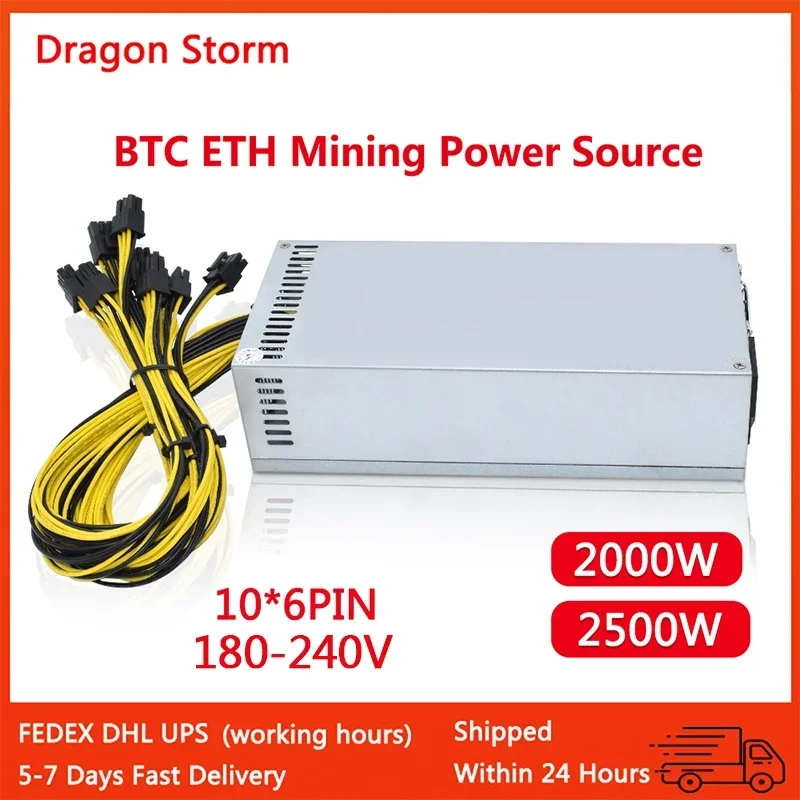 2000W 2500W PSU High Quality BTC Mining Power Supply 10x6Pin ETC RVN Rig Ethereum S9 S7 L3+ Low Consume 2U Single Channel