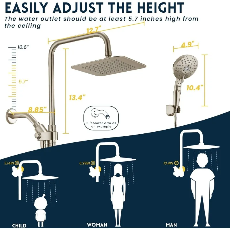 Dual Shower Head Combo, Brushed Nickel 8'' High Pressure Rain/Rainfall Shower Head,5 Settings Adjustable Handheld Showers