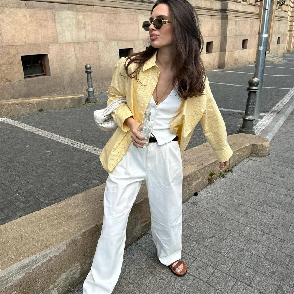 

Taop&Za 2024 Autumn New Product Women's Fashion and Casual Versatile Polo Collar Long Sleeve Loose Striped Shirt