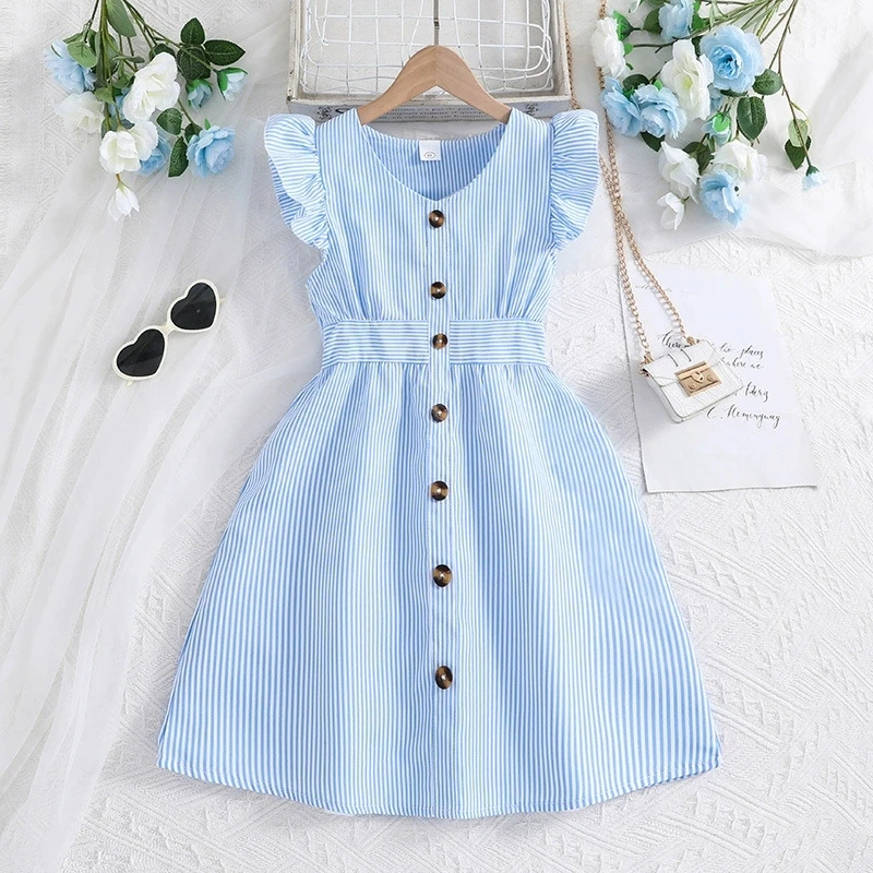 

2025 New Fly-sleeve Dress Children's Wear Junior Clothes Flying Sleeve Girls Stripes Printed Casual Dresses Para For 8-12 Year