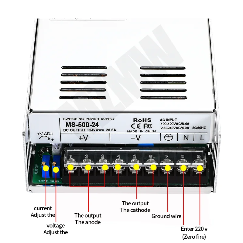 500W Switching Power Supply 0-12V 15V 24V 36V 48V 60V 72V 80V 90V 110V 200V 220V Single Output Adjustable SMPS MS-500-48