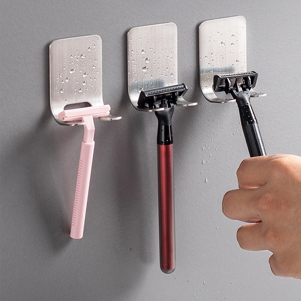 3pcs Stainless Steel Razor Hook Wall Adhesive Shaving Shaver Shelf Storage Holder for Bathroom Kitchen Organizer