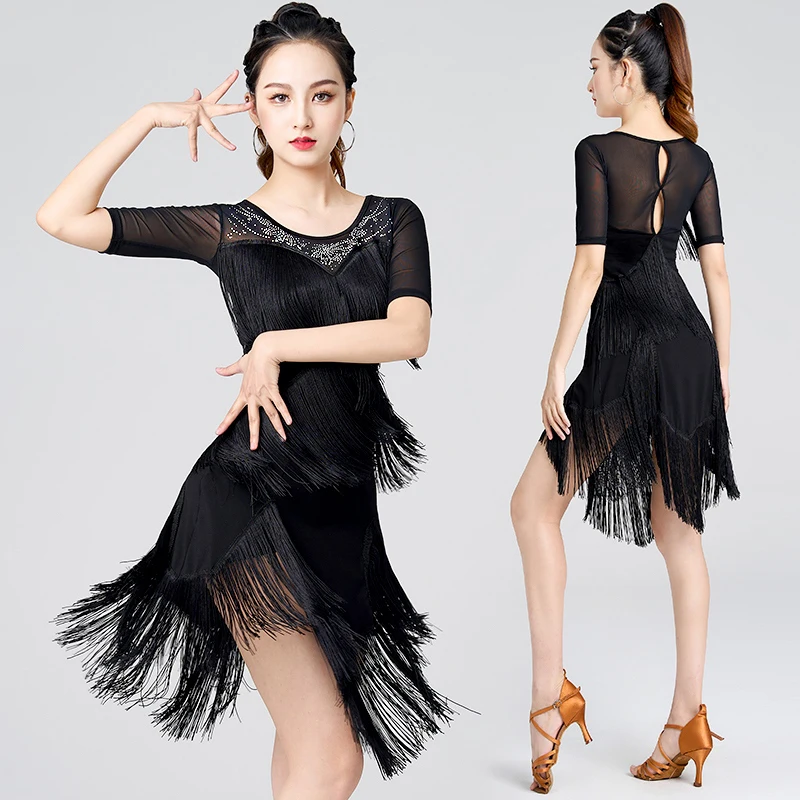 

Fringe Dress Latin Dance Black Short Sleeved Tassel Dress Large Size Costume Performance Practice Clothes Samba Dacne DQL9597