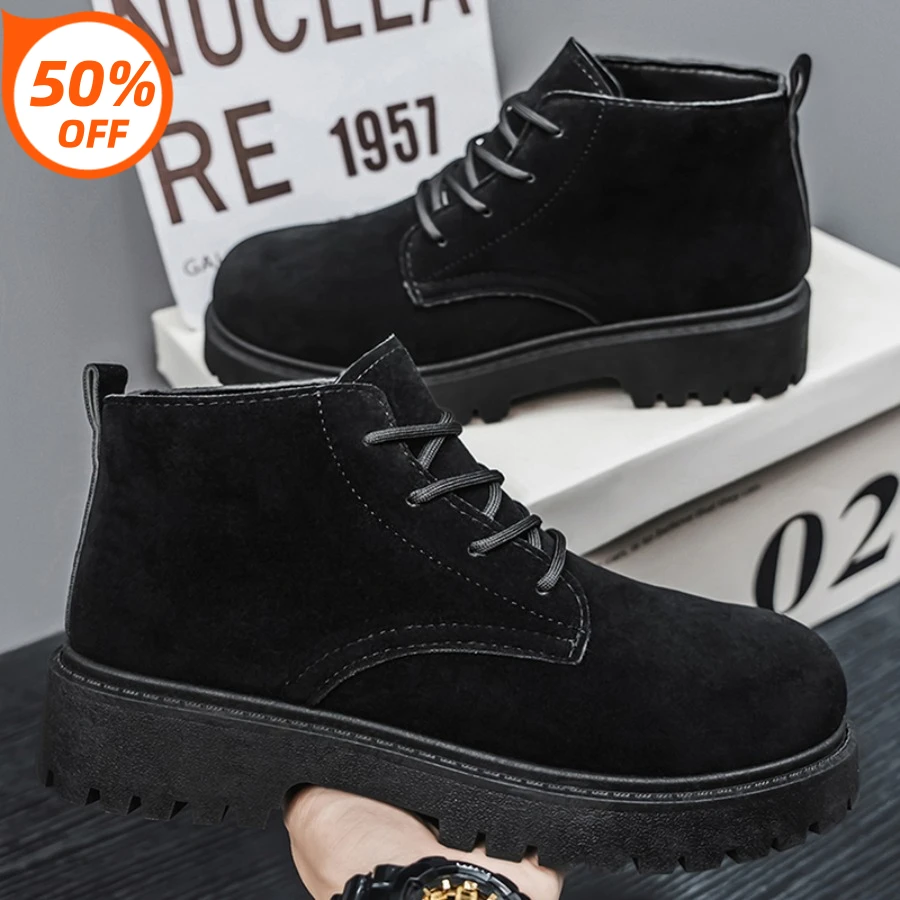 

2026 New Mens Chunky Derby Work Boots Retro Lace-Up Suede Shoes Thick Sole Breathable Low-Top Industrial Casual Footwear for Men